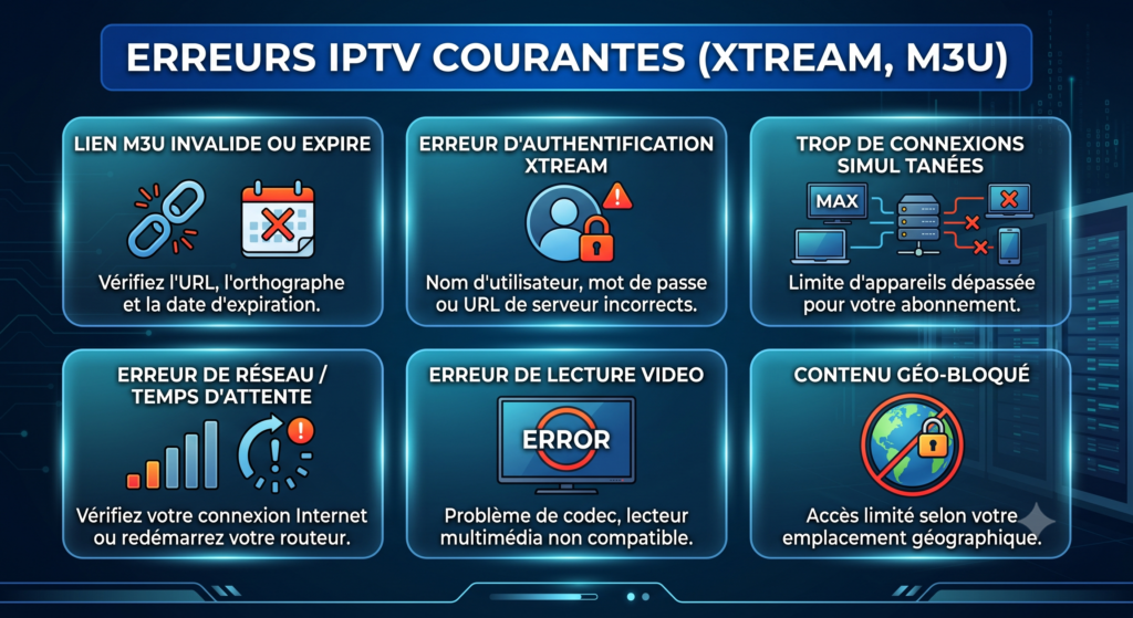 Erreurs IPTV Courantes (Xtream, M3U) : Guide Complet pour les Résoudre en 2025